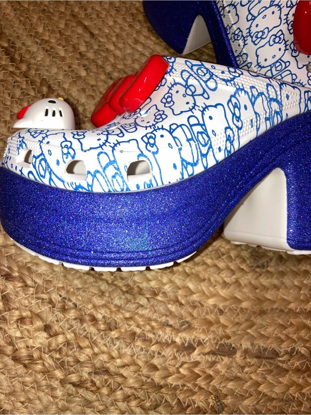 CROCS White & Blue Hello Kitty Platform Clogs with Red Bow Charm